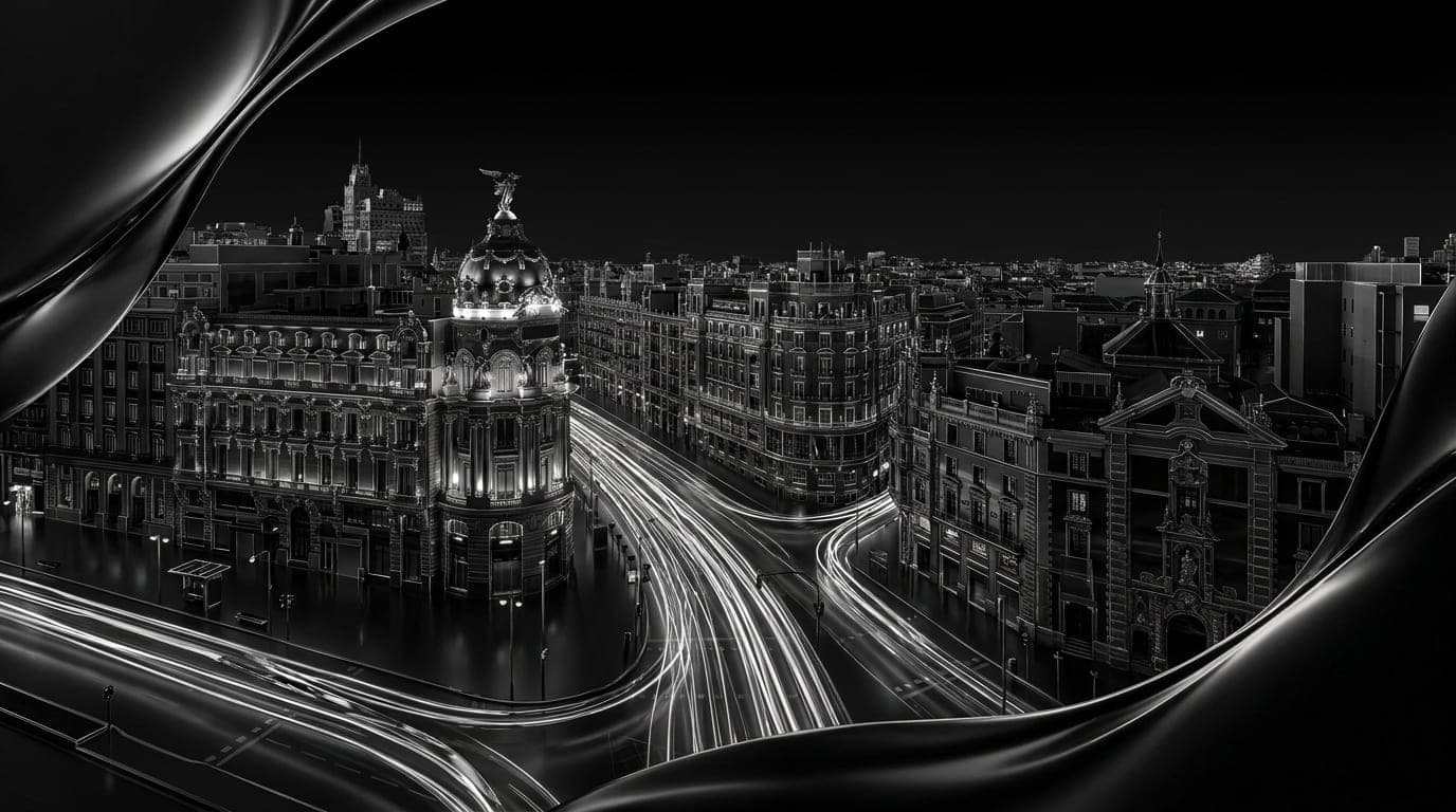 Gran VÃa in Madrid at dusk with traffic trails and the Metropolis building lit