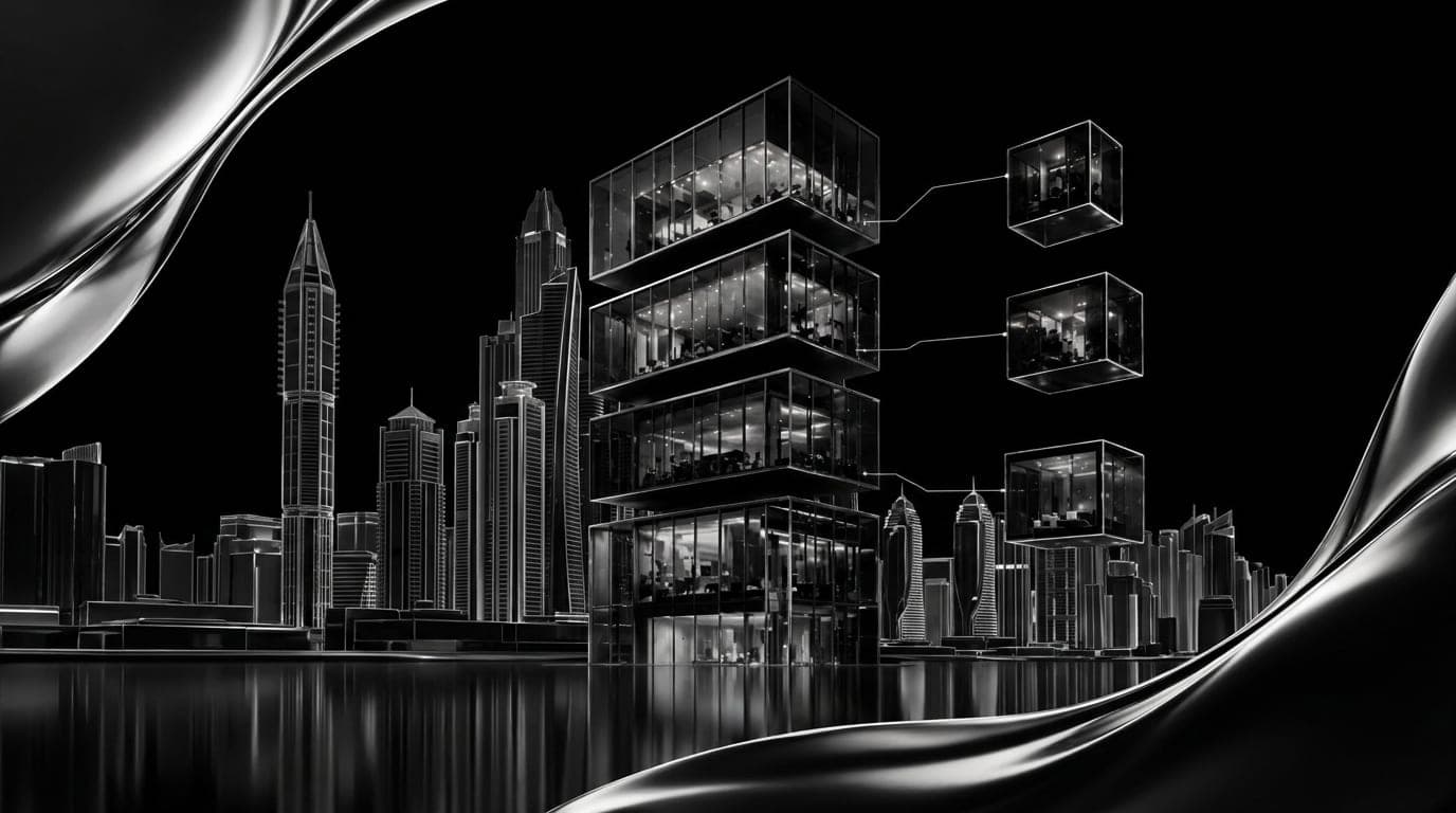 Dubai Marina towers reflected in the water at night