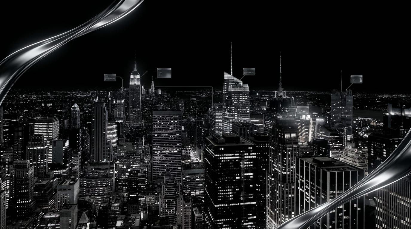Manhattan skyline at dusk with the Empire State Building lit